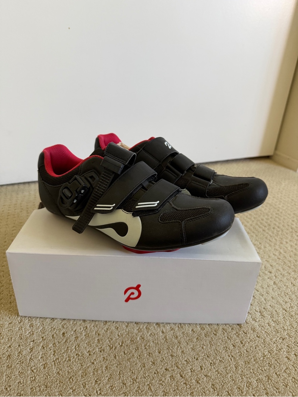 Peloton Black Cycling Shoes with Red Liner and White Accent - Size 43